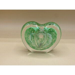 Art Glass Heart Bud Vase 3” Paperweight Sommerso Green Swirl Clear